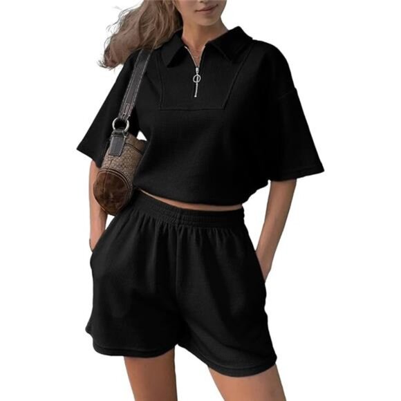 BLACK-2 Piece Half Zip Summer Short Sets Sweatsuits Short Sleeve Crop  Tracksuit - Picture 7 of 7